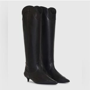 Anine Bing Tall Rae Boots Black Leather Western Kitten Heel 38